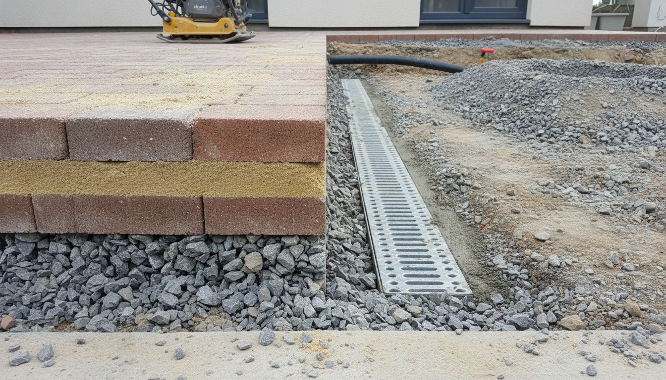 AI driveway design generator result: a driveway under construction, cut open at the edge to show the ground build up, with a linear channel drain bedded in concrete and a compactor plate standing on the finished paving. This is the frame written to force the buried half of a driveway into shot and it is the most useful image on the page. The sub base is properly coarse angular crushed stone, the jointing sand is correctly brushed into the block joints, and the channel drain sits in a real concrete haunch. Two things are wrong. The layer stack has the block course drawn twice, once correctly on the sand and once again buried underneath it, which is a build up nobody has ever laid. And the black drainage pipe crosses the excavation and simply stops, connected to the channel at neither end, with no soakaway anywhere. The only text on the entire page is the garbled lettering on the compactor body, which is the one object the negative did not list.