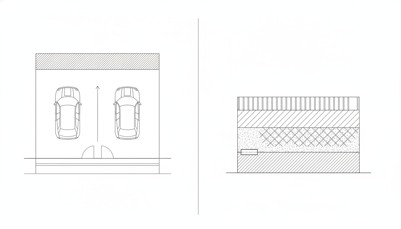 AI driveway design generator result: a flat black line drawing with a driveway plan on the left and a section through the ground build up on the right. The hatched house band, the road and the four layer section are all drawn cleanly and the sheet carries no text at all. Everything that matters on it is wrong. The two parking bays were asked for as plain rectangles and came back as detailed car symbols with mirrors and windscreens. The gate swings were asked for as open arcs and came back as two closed D shapes, each a curve shut off by a straight line, which is the failure a previous page in this series reported as solved by naming it. In the section two different layers share the same hatch and one layer carries two, the channel drain is buried near the bottom of the build up where it can catch nothing, and the single arrow showing the direction of fall points at the house.