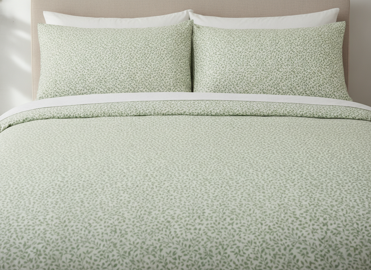 AI duvet cover design generator result: a double bed made up in a duvet cover printed with a dense small-scale sage green leaf repeat on cream, with matching pillowcases and a white flat sheet turned back across the top against a pale upholstered headboard