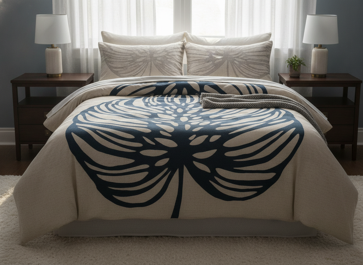 A cream bed dressed in a large-scale statement design carrying one oversized navy leaf form that spans almost the full width of the cover, with a folded grey knit throw lying across part of it and pillowcases printed with a paler version of the same shape