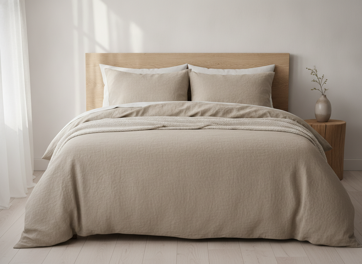 A plain oatmeal linen duvet cover with a visible soft weave and natural creases, on a bed with a light oak headboard, a waffle-knit throw folded across it and a stoneware vase of sprigs beside the bed