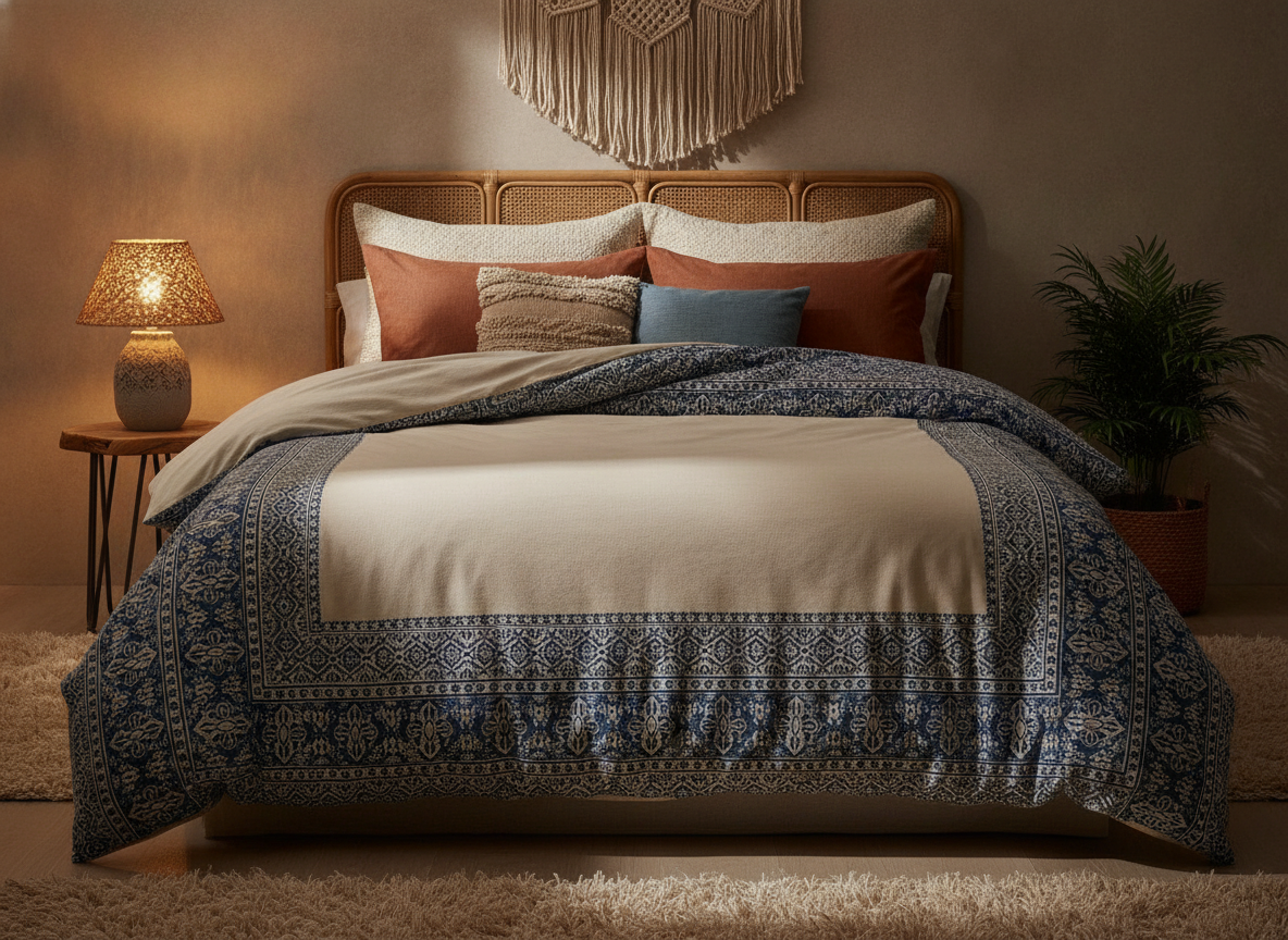 A duvet cover with a deep indigo block-printed border of fine ornamental motifs framing a plain cream centre field, on a rattan bed with terracotta and blue cushions under warm lamplight