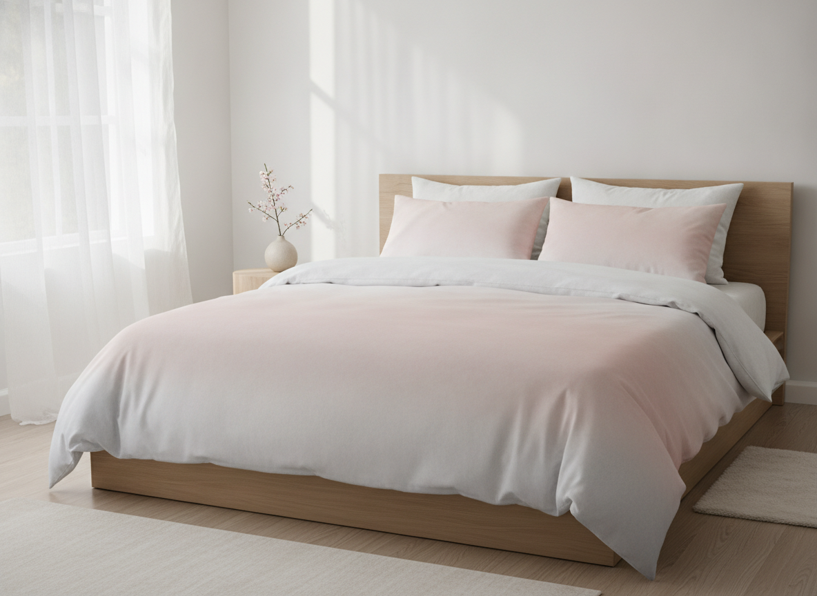 A duvet cover in a soft ombre wash moving between blush pink and pale grey with no motif and no texture anywhere, on a light oak bed in a bright white room with sheer curtains