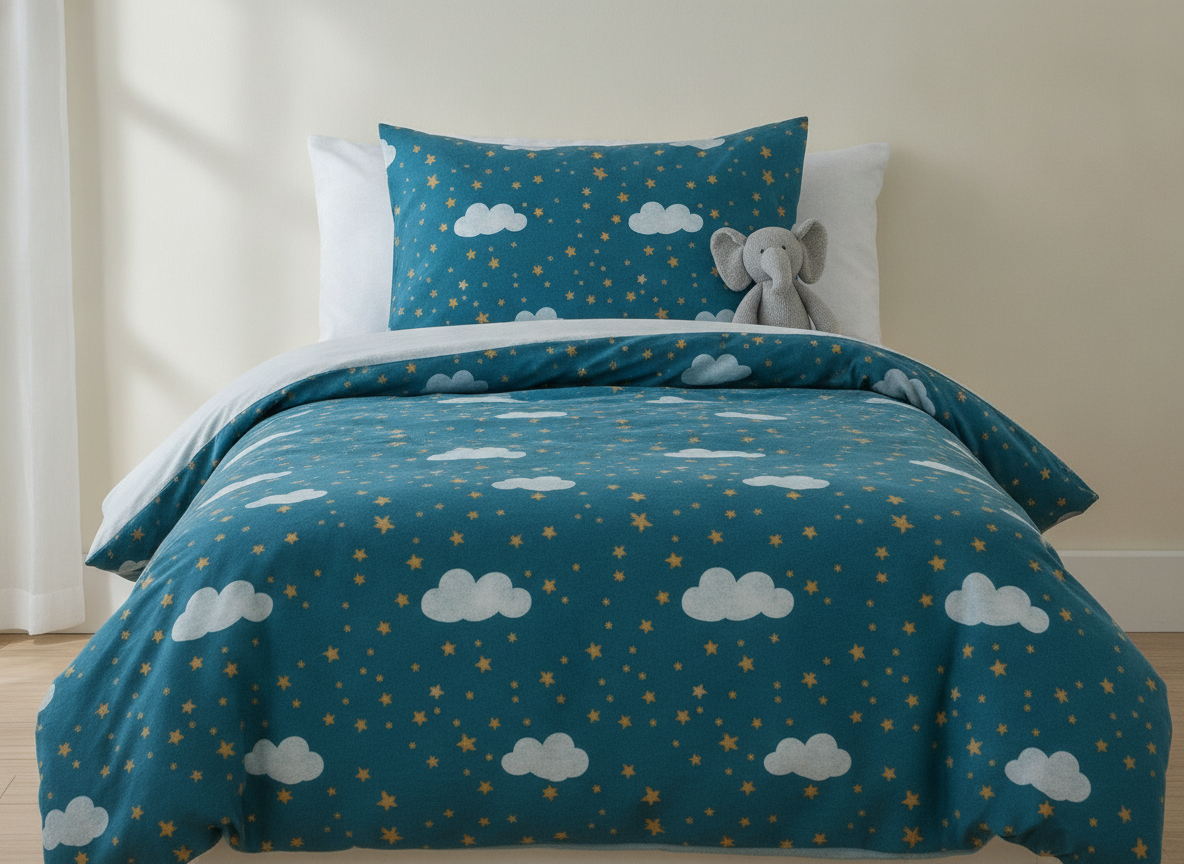 A single bed in a childrens duvet cover printed with an all-over repeat of white clouds and small mustard stars on deep teal, with a matching pillowcase and a knitted grey elephant toy