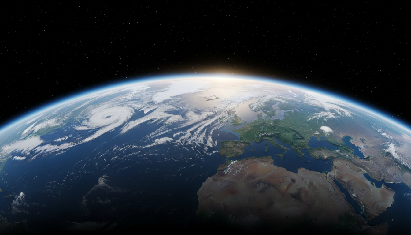 AI earth-like image of the planet from orbit with blue oceans and swirling white clouds