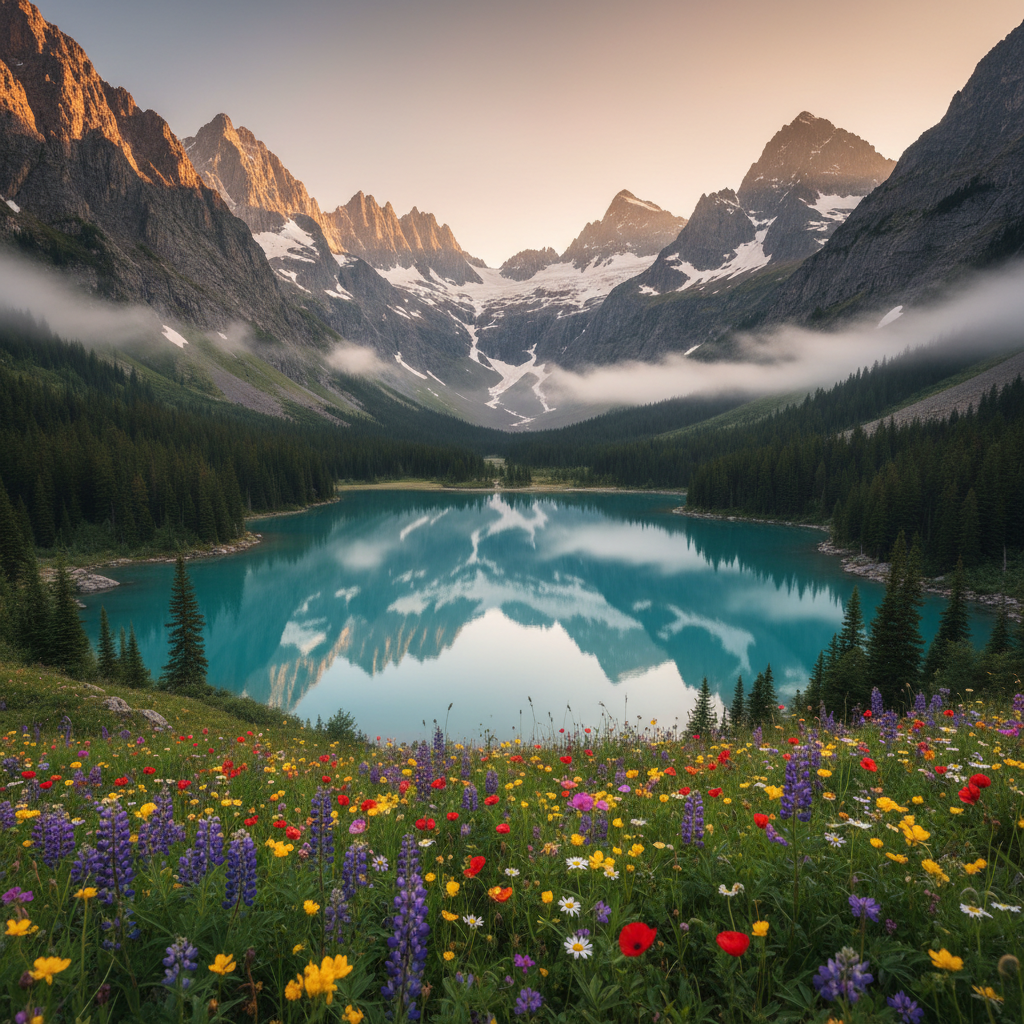 Alpine valley with a turquoise glacial lake generated as an AI earth-like image