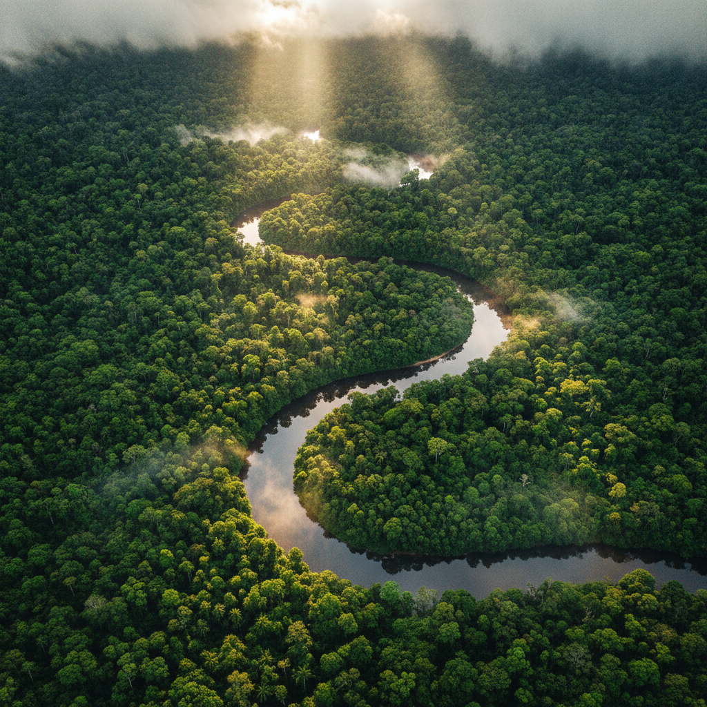 Rainforest canopy and winding river rendered as a realistic AI earth-like image