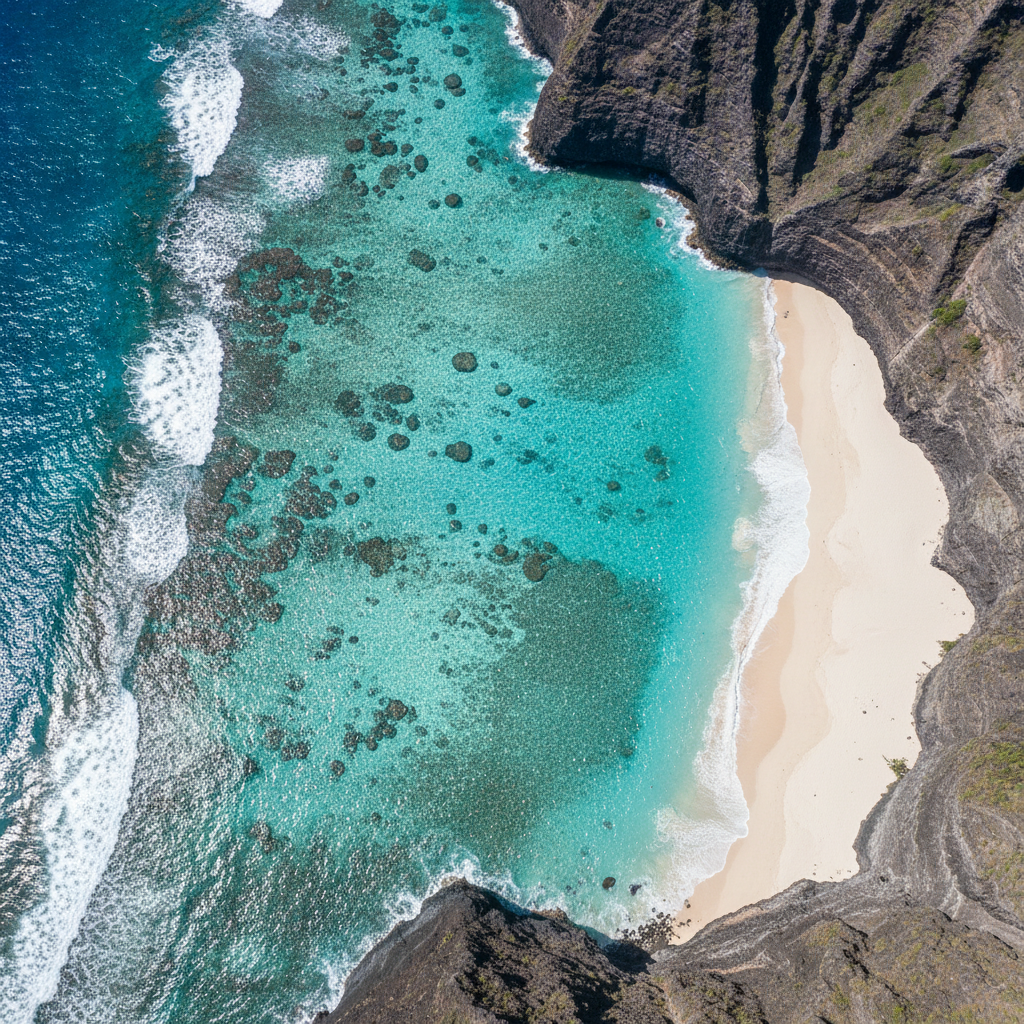 Tropical coastline with coral reef and volcanic cliffs from an AI earth-like image