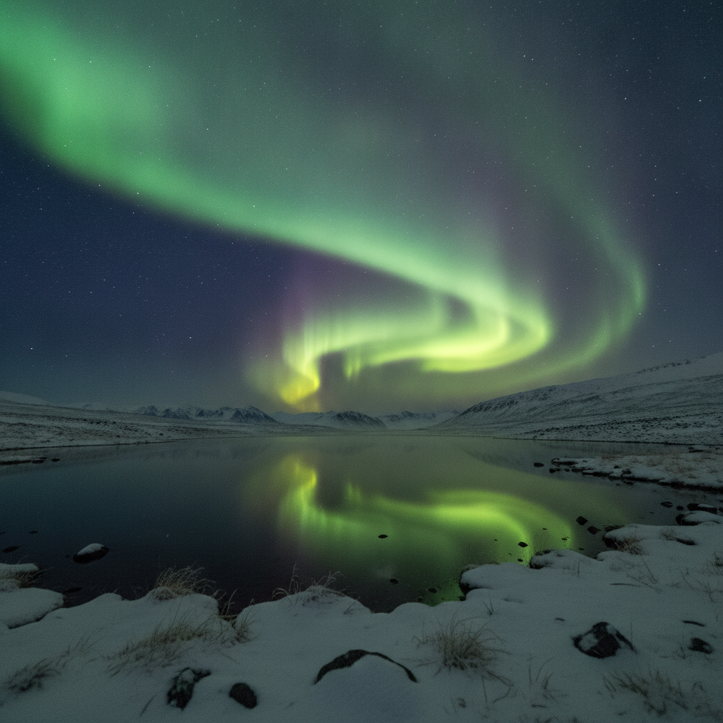 Aurora borealis over an arctic tundra lake produced as an AI earth-like image