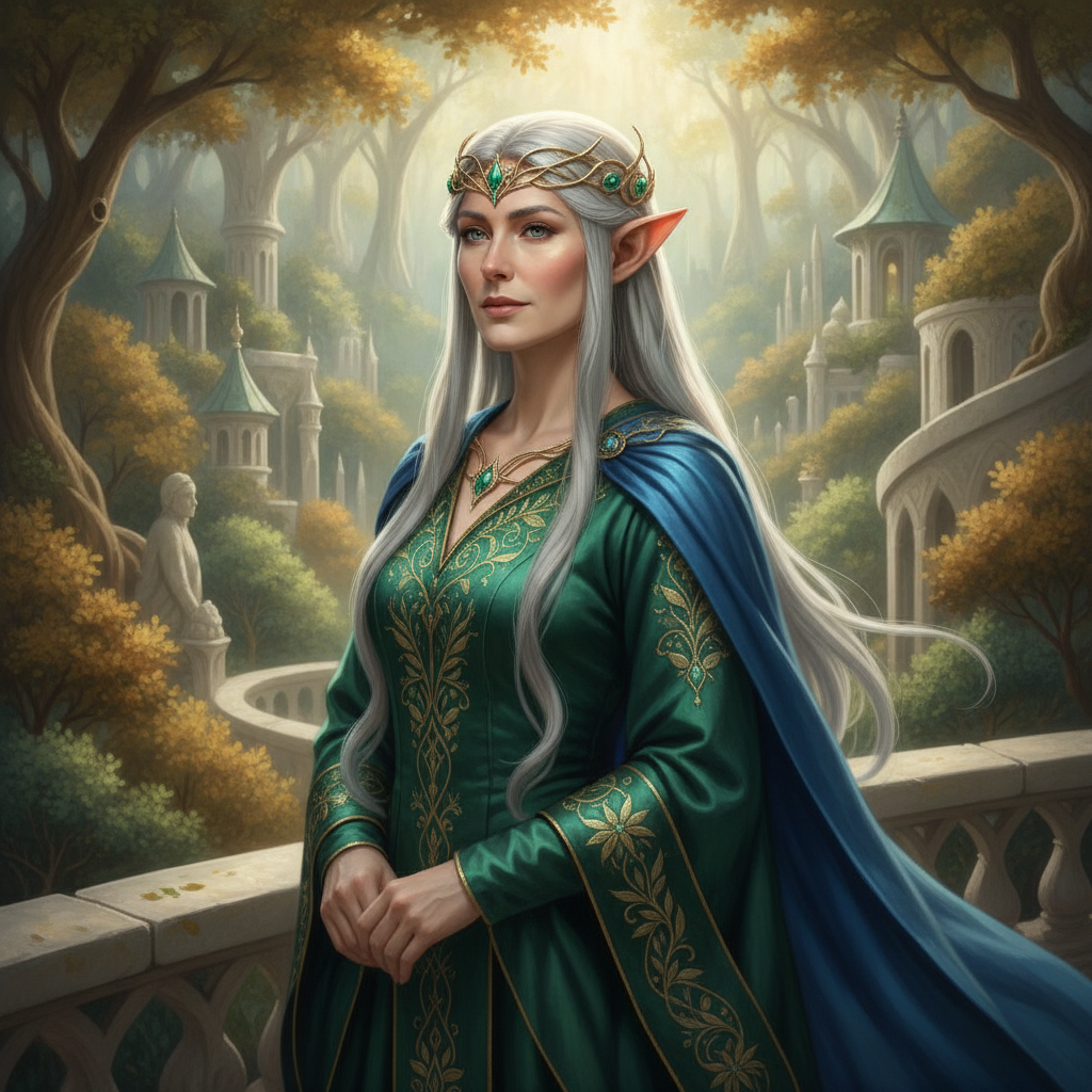AI elf generator result showing a person turned into a regal high elf with long pointed ears, flowing silver hair, an ornate elven circlet, and embroidered robes in a sunlit elven forest city, real face preserved