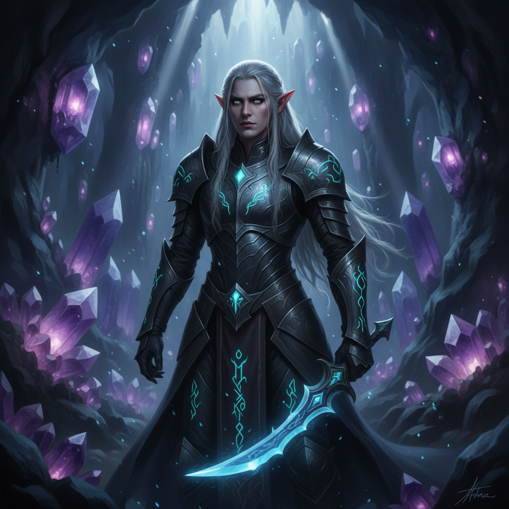 AI elf generator result showing a person as a fierce dark elf warrior with pointed ears, silver-white hair, dark runed armor, and an elven blade in a crystal cavern, real face kept recognizable