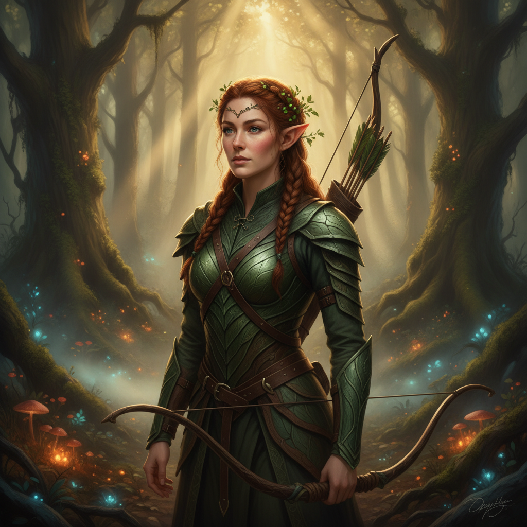 AI elf generator result showing a person as a wood elf ranger with pointed ears, braided auburn hair, green leather forest armor, and a longbow in a misty enchanted woodland, real facial features recognizable