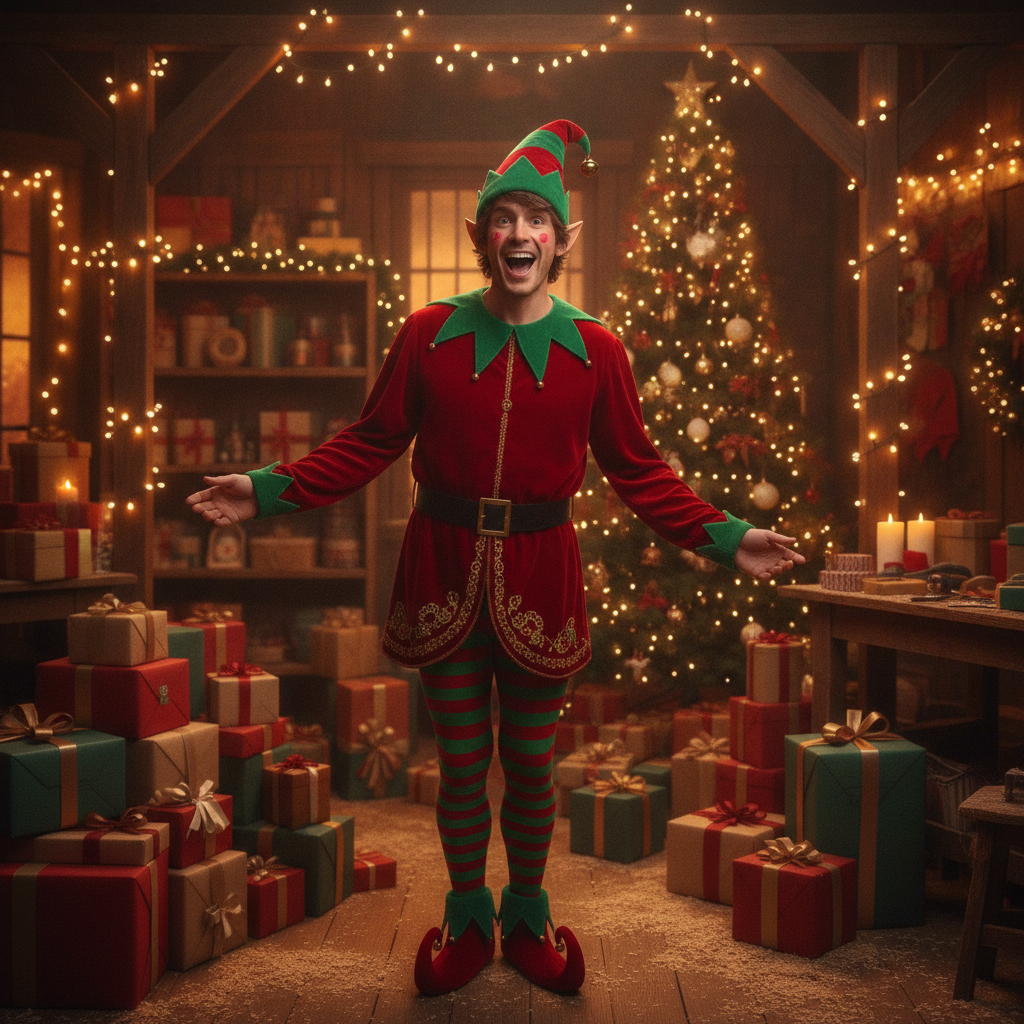 AI elf generator result showing a person as a cheerful Christmas elf in a red and green festive outfit with a pointed bell hat in Santa workshop with presents, real facial features recognizable
