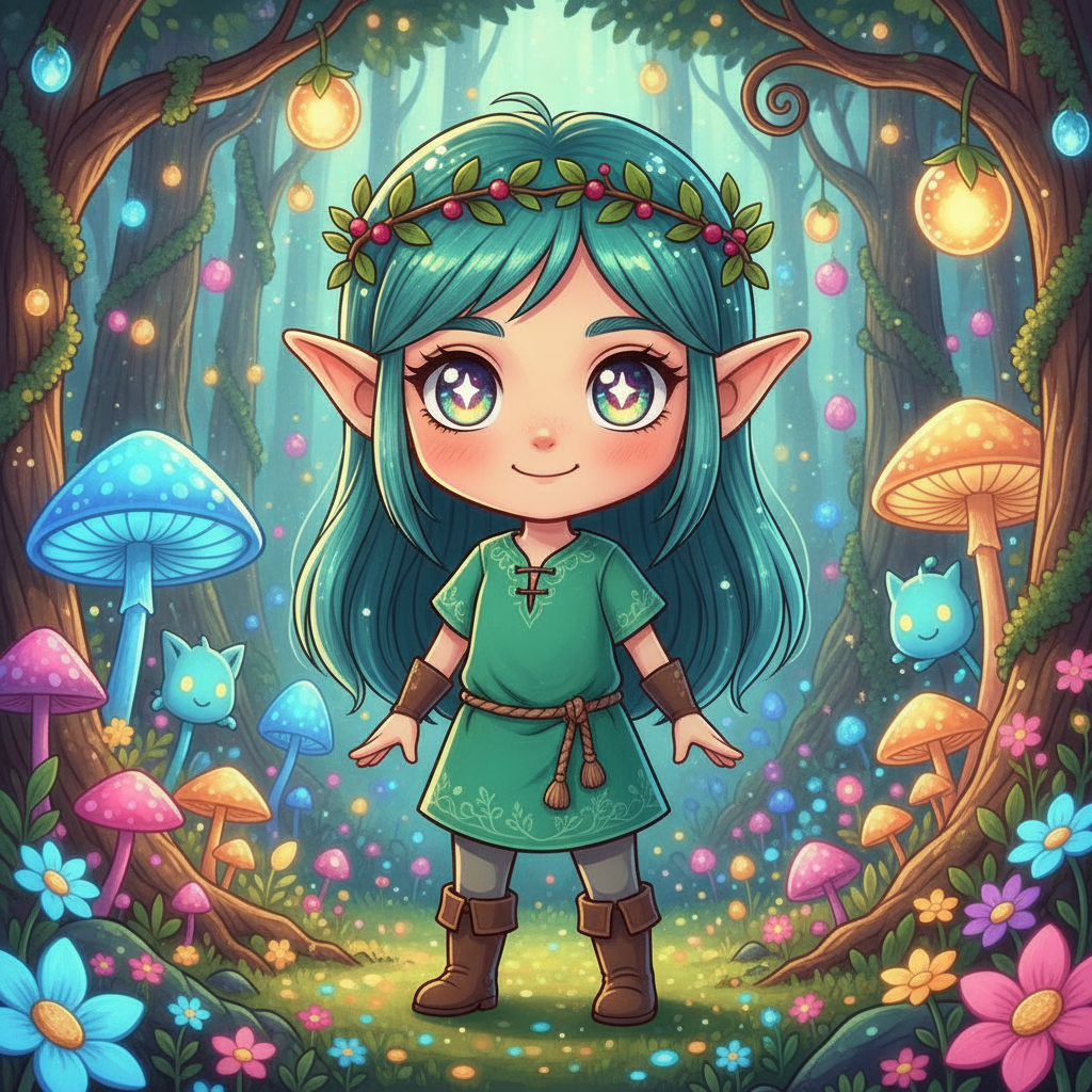 AI elf generator result showing a person as a cute anime-style chibi elf with big sparkling eyes, long pointed ears, and a leaf crown in a colorful magical cartoon forest, real facial features recognizable