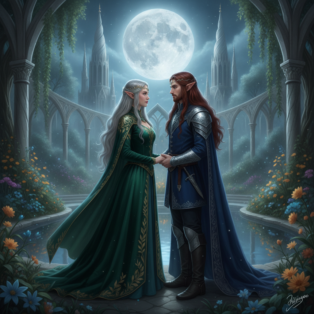 AI elf generator result showing a couple turned into two matching elegant elves with pointed ears and coordinated royal elven outfits in a moonlit elven palace garden, both real faces preserved