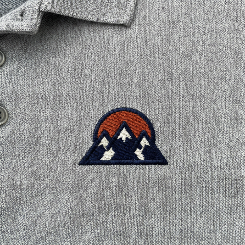 AI embroidery design generator result: a small stitched chest emblem on a heather grey pique polo shirt, navy mountain peaks with cream snow caps against a rust orange sun, finished with a clean navy satin-stitch outline