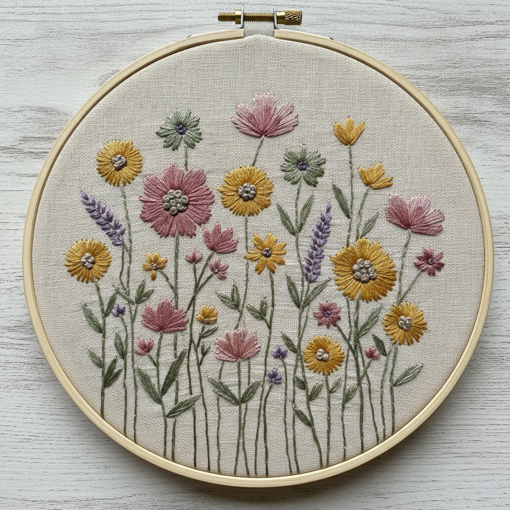 Hoop art embroidery design generated by AI: a wooden hoop of cream linen densely stitched with wildflowers in dusty pink, mustard, sage and lavender thread, with shaded petals and french-knot centres