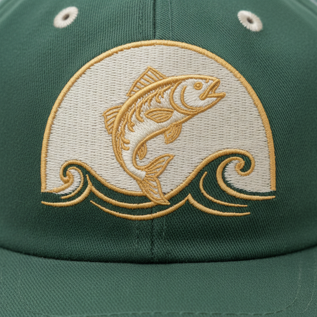 Cap front embroidery from the AI embroidery design generator: a forest green structured cap with an arched cream panel carrying a gold-outlined leaping fish above scrolling gold waves, stitched in raised satin stitch across the curved front
