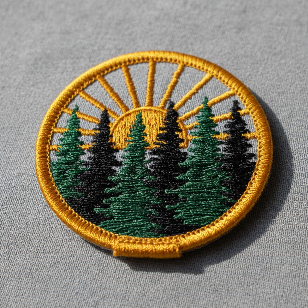 Iron-on patch designed with AI: a circular embroidered patch of pine trees and a rising sun in green, amber and black thread, finished with a thick mustard merrowed satin-stitch border