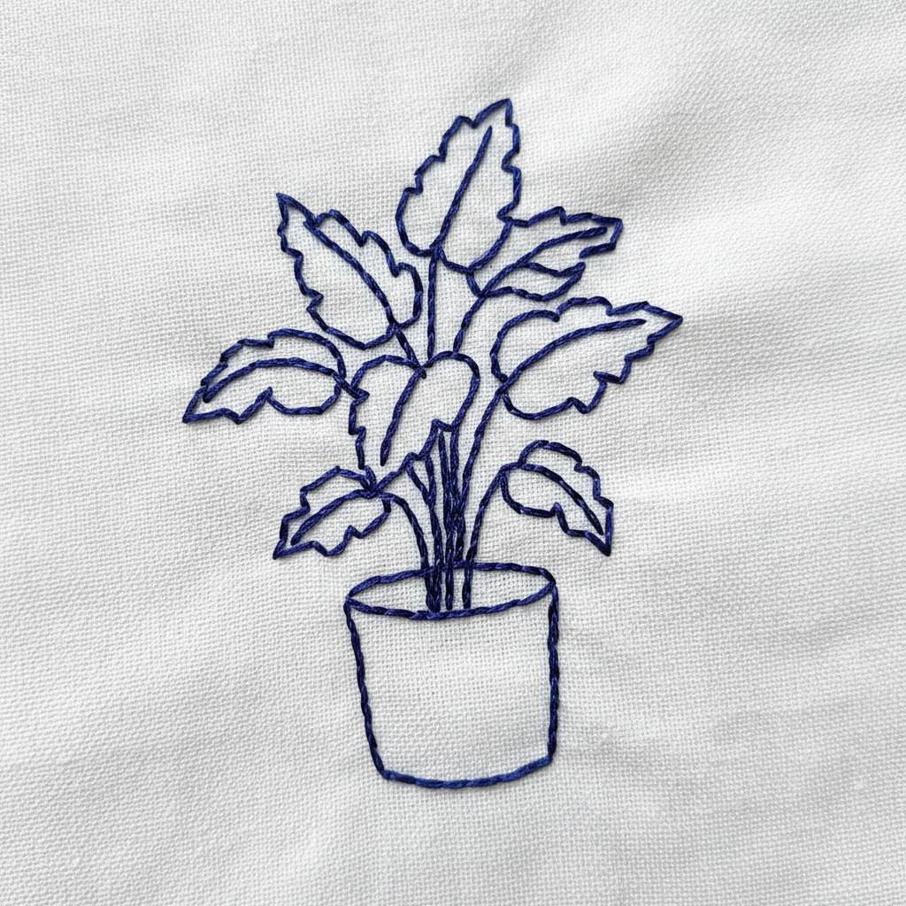 Single-colour line art embroidery created by the AI embroidery design generator: the outline of a potted house plant back-stitched in one indigo thread on white cotton, with no filled areas