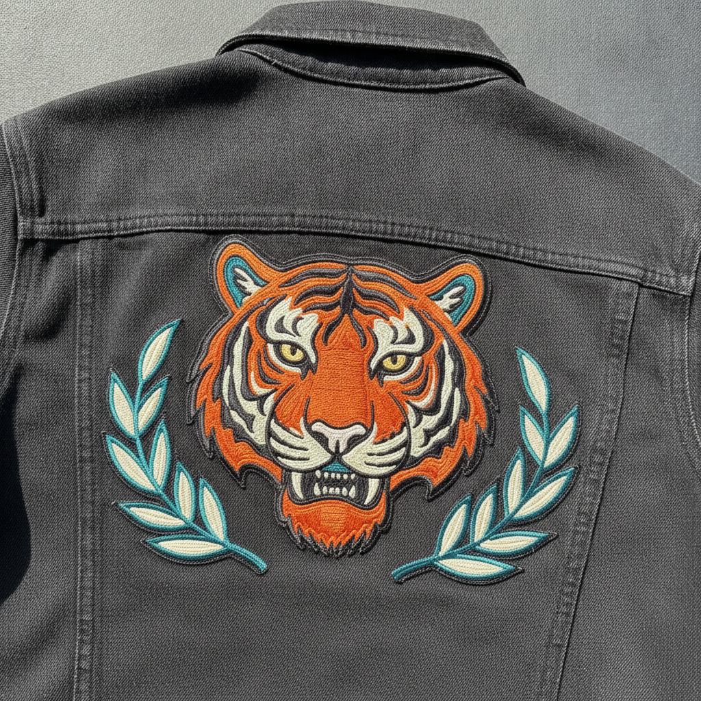Back statement piece generated by AI: the back panel of a washed black denim jacket carrying a large tiger head flanked by leaf sprays, heavily fill-stitched in orange, cream, charcoal and teal thread