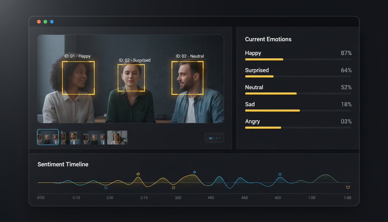 AI emotion detection in videos hero — dark dashboard UI with face bounding boxes, emotion confidence bars (Happy 87%, Surprised 64%), and sentiment timeline along the bottom