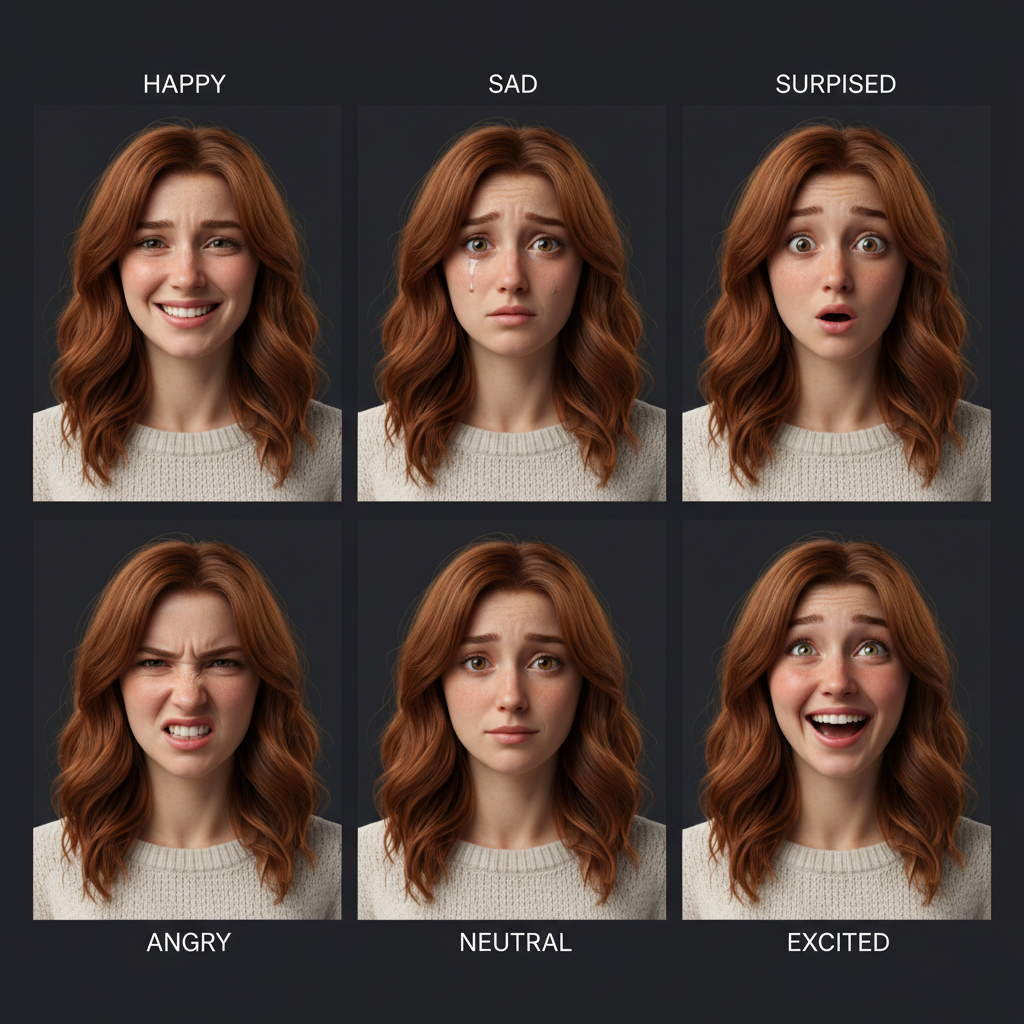 AI emotion detection in videos — character emotion sheet showing six portraits of the same person expressing happy, sad, surprised, angry, neutral, and excited