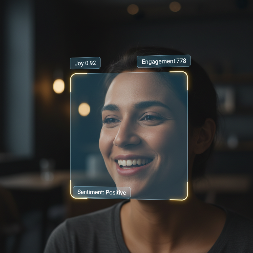 AI emotion detection in videos — single video frame with translucent emotion bounding box and floating tags reading Joy 0.92 and Engagement 0.78