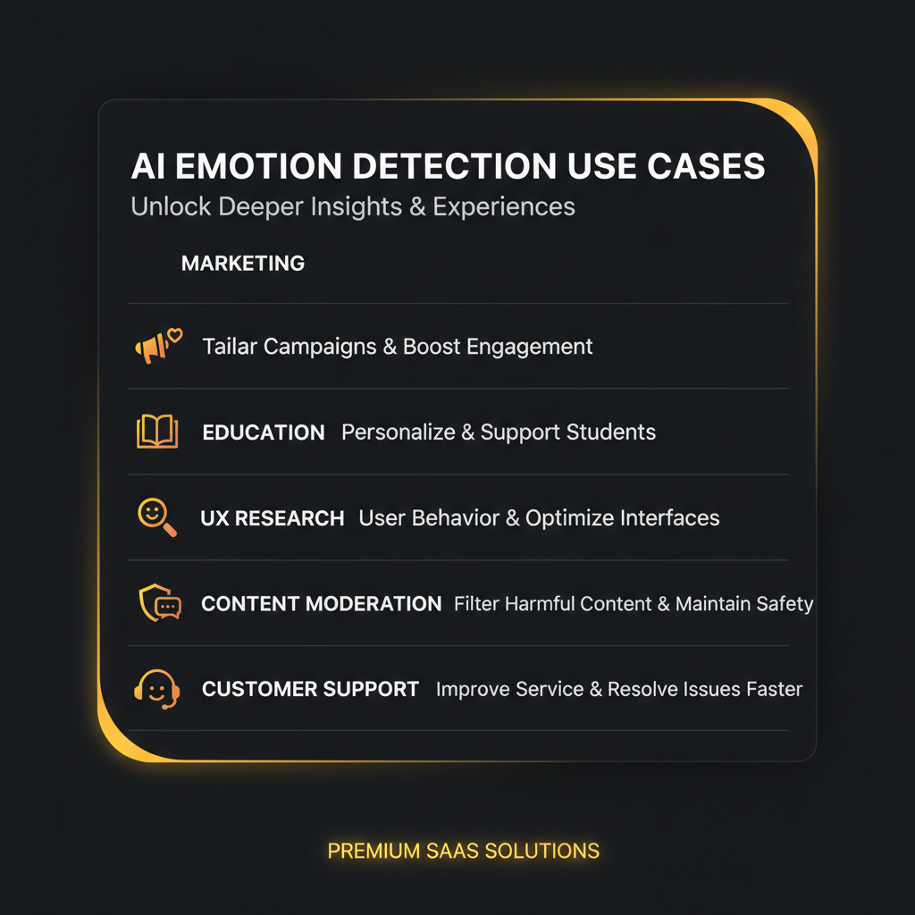 AI emotion detection in videos — five-row use case infographic for Marketing, Education, UX Research, Content Moderation, and Customer Support