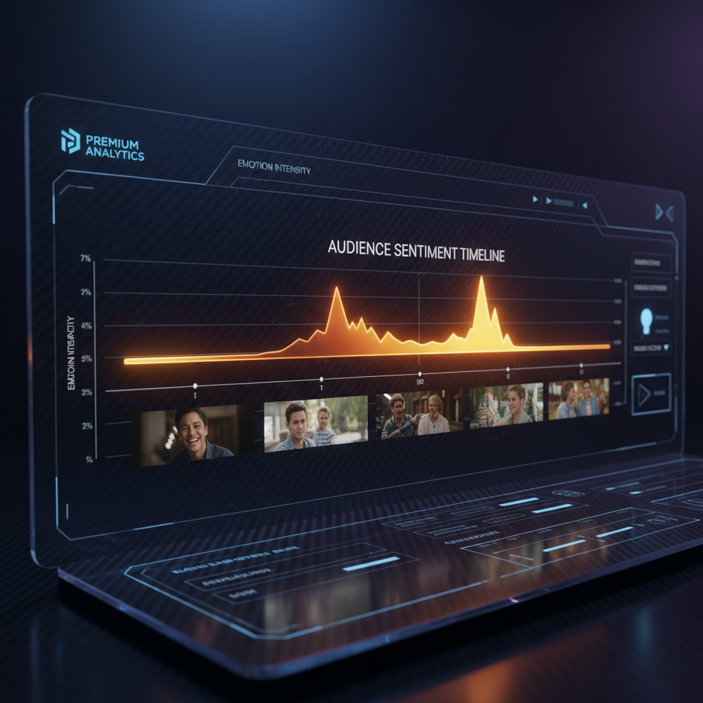 AI emotion detection in videos — audience sentiment heatmap timeline with yellow-amber gradient peaks showing emotion intensity across a video