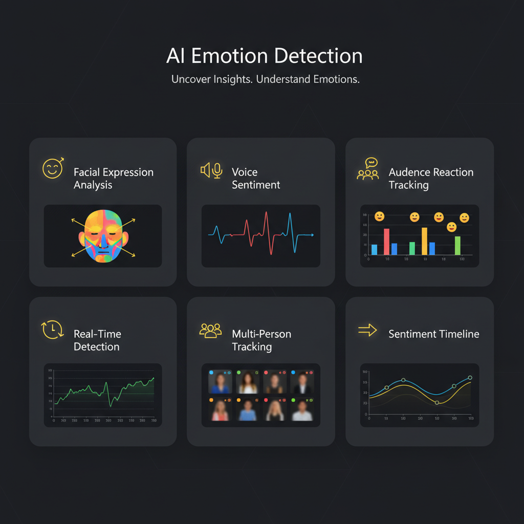 AI emotion detection in videos — six-tile feature grid for Facial Expression Analysis, Voice Sentiment, Audience Reaction Tracking, Real-Time Detection, Multi-Person Tracking, and Sentiment Timeline
