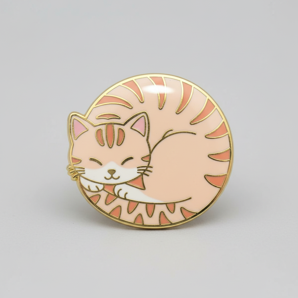 AI enamel pin design generator result: a kawaii hard enamel pin of a sleeping tabby cat curled into a circle, peach and cream enamel fill with polished gold metal outlines
