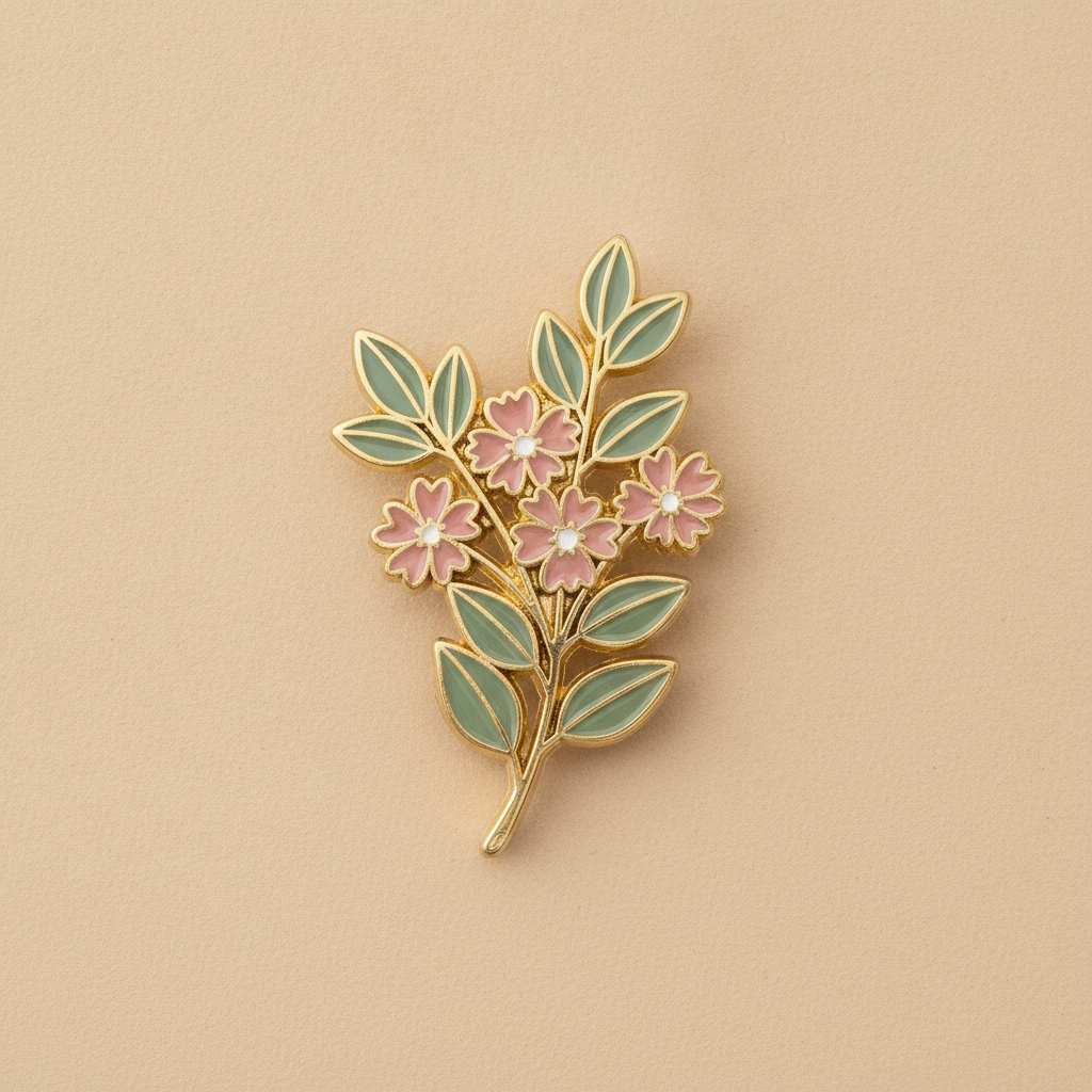 Botanical enamel pin design made with AI: a sprig of pink wildflowers and sage green leaves in flat enamel fill with brushed gold metal borders on a warm beige background