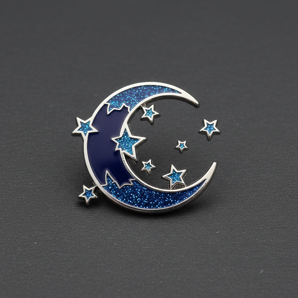 Celestial enamel pin design from the AI enamel pin design generator: a crescent moon and stars in navy and midnight blue enamel with glitter enamel accents and silver metal outlines