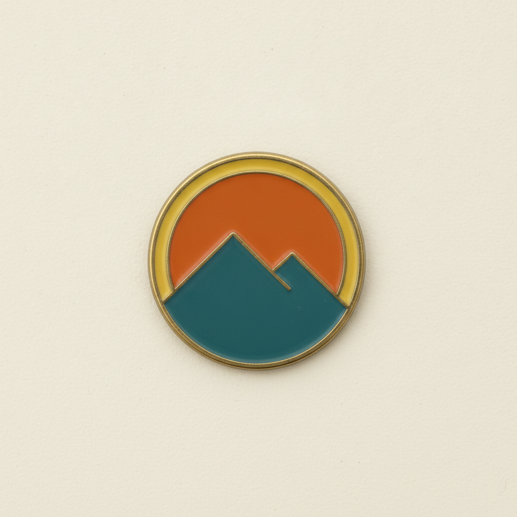 Retro badge enamel pin design generated with AI: a circular vintage travel badge with a flat mountain silhouette and setting sun in burnt orange, mustard and deep teal with an antique brass outline ring