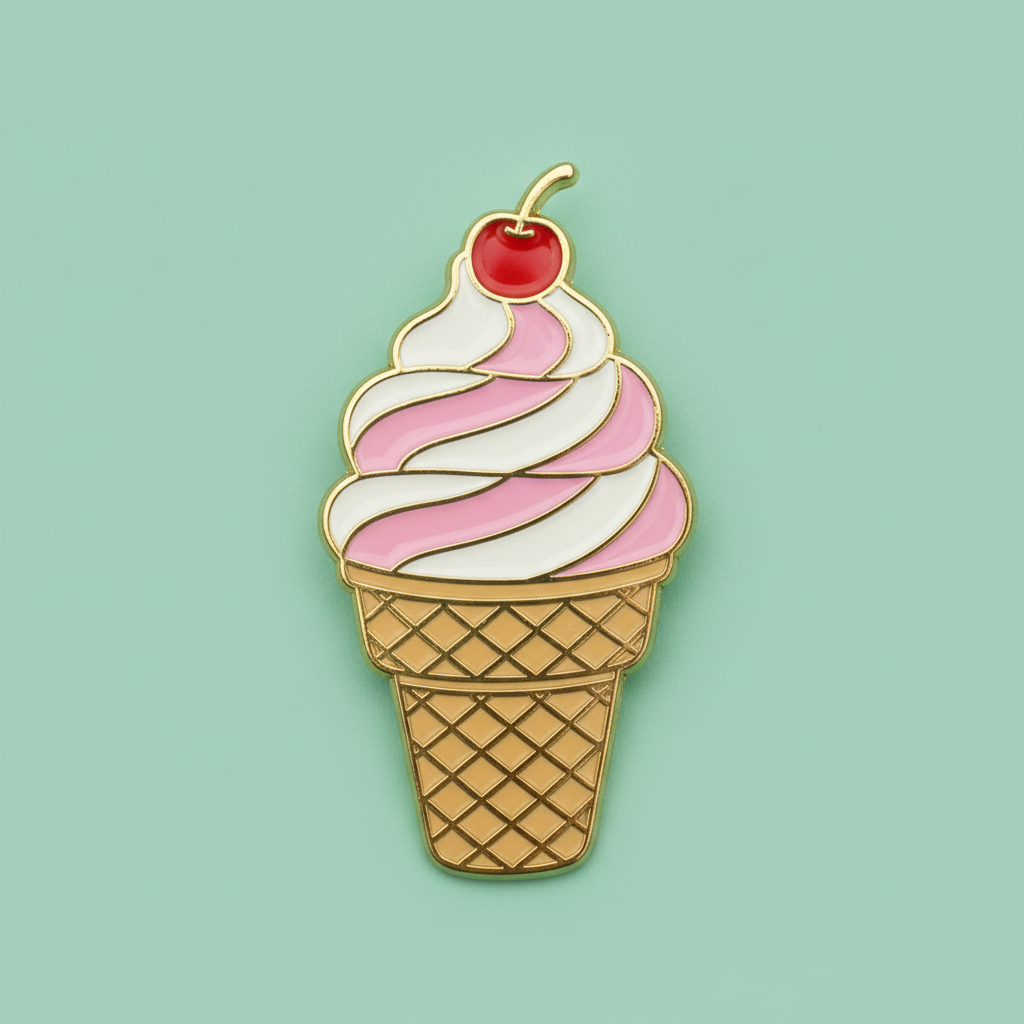 Novelty enamel pin design from the AI enamel pin design generator: a soft serve ice cream cone with a cherry on top in pastel pink and cream enamel with gold metal outlines and a waffle cone lattice