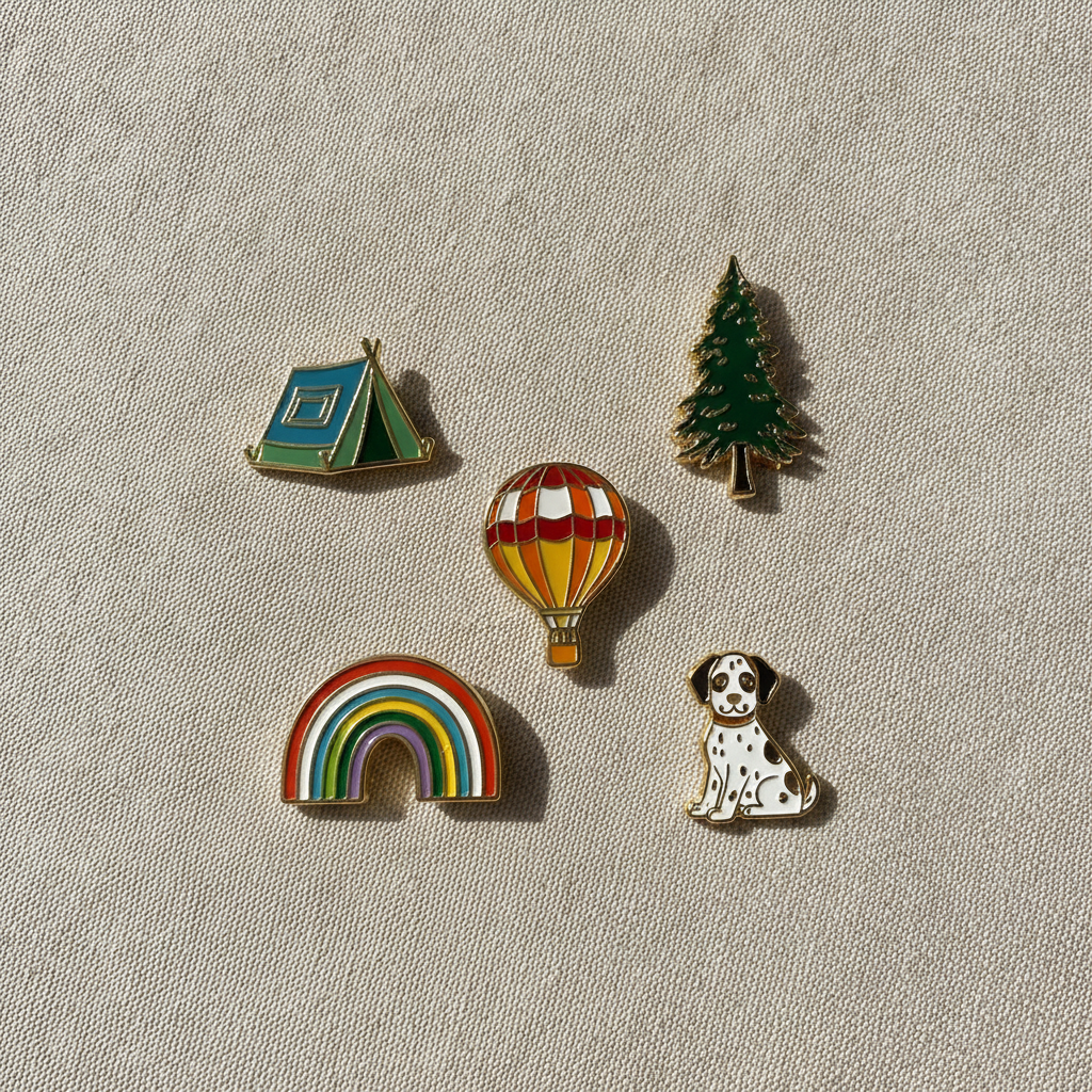 A set of five assorted hard enamel pins designed with AI: a camping tent, a pine tree, a hot air balloon, a rainbow and a spotted dog, arranged as a coherent collection on neutral linen