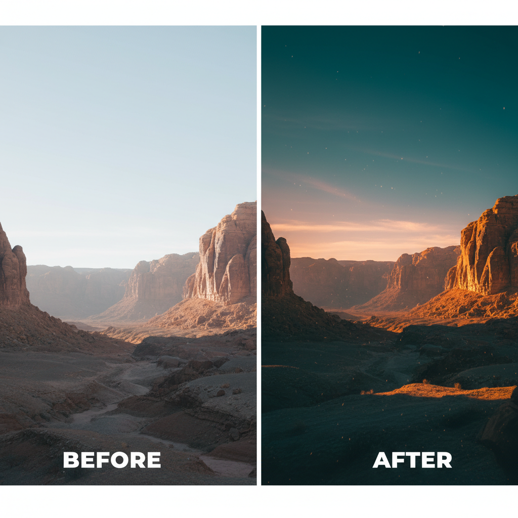 AI-enhanced color grading before and after showing a flat photo transformed into vibrant cinematic color