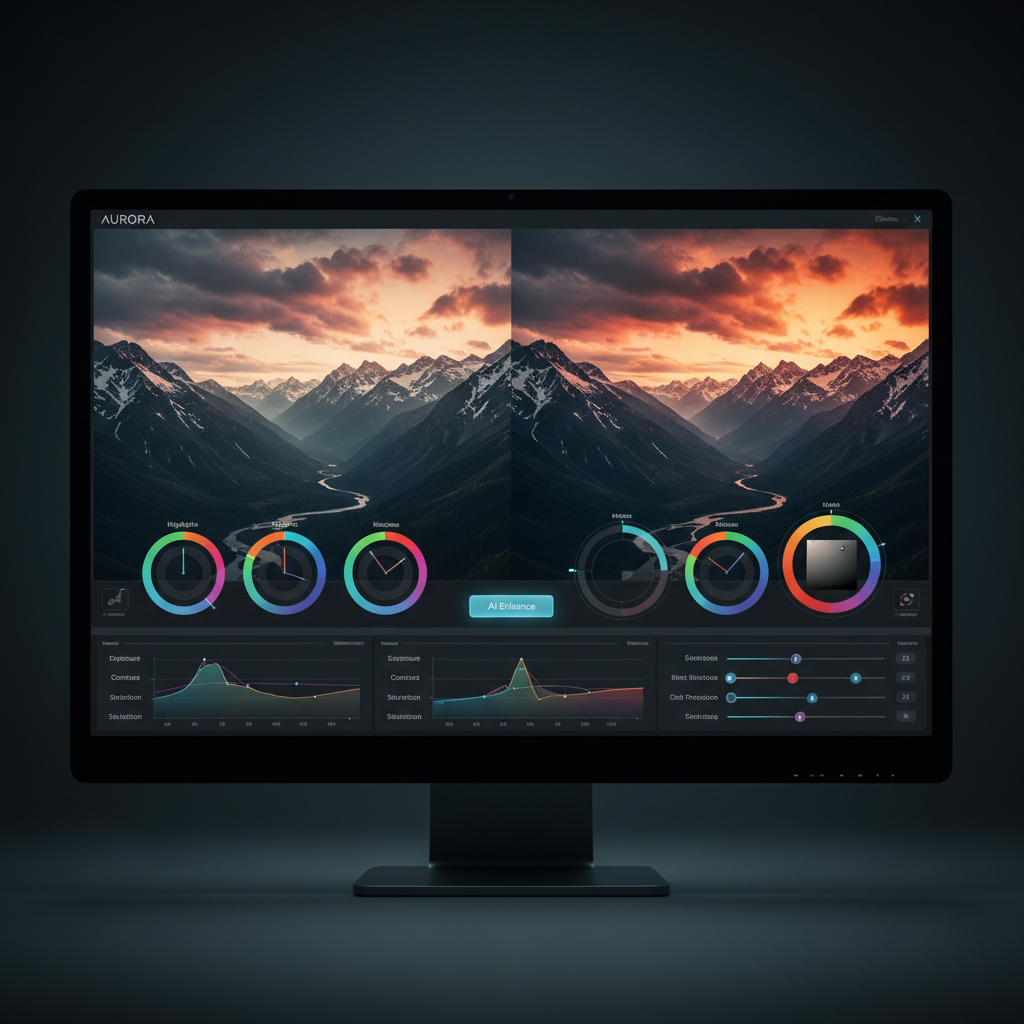 AI color grading interface enhancing a landscape with rich cinematic tones and color wheels