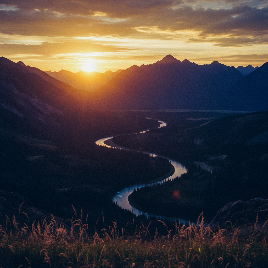 Vibrant color-graded sunset landscape with warm golden tones and deep blue shadows