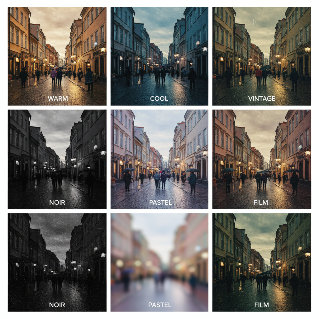 Color grading comparison grid showing the same street photo in six cinematic color palettes