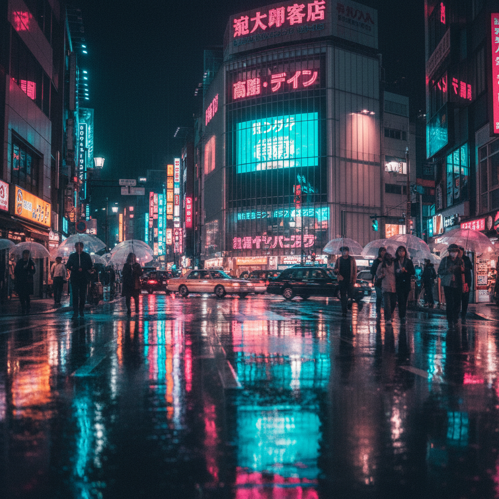 Neon-lit Tokyo night street with bold magenta and cyan cinematic color grading