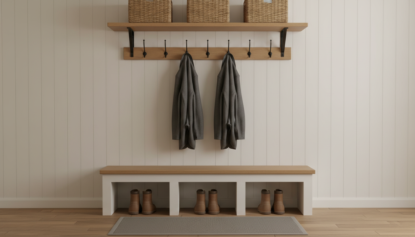 AI entryway design generator result: a built in bench with an oak seat on a white painted plinth, three shoe cubbies below holding three pairs of plain tan boots, a black hook rail above carrying two grey coats, a basket shelf over that and white vertical boarding behind. The best frame in the set and the one that breaks a long run of failures in this series, because the shelf is genuinely carried by two black brackets that are visibly screwed into the wall underneath it. The plinth meets the floor along its whole length, the three cubbies really are equal, and there is no text anywhere. Two things drifted. Five hooks were asked for and nine arrived, evenly spaced and identical, which is a better looking rail and a different piece of joinery. And the shelf sits so high that the three baskets are sliced off by the top of the frame, so the one object that was meant to prove the shelf works is half missing.