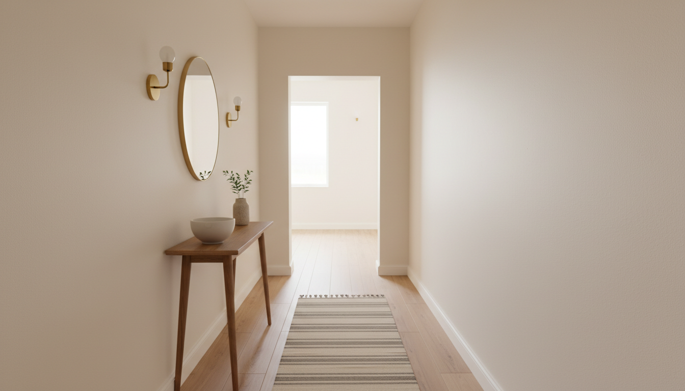 AI entryway design generator result: an entrance hallway shot straight down its length, with a slim tapered leg console under a round brass framed mirror on the left wall, a brass sconce either side, a plain bowl and a small vase of green stems on the console, a striped runner on a pale timber floor and a bright doorway at the far end. Text free, beautifully lit and the wrong size. The prompt asked in plain words for a hallway about three and a half feet wide and this one is comfortably twice that, which matters because width is the entire design problem in a hall and it is the one instruction the model quietly overrode. Two sconces asked for at exactly the same height came back at obviously different heights, the runner drifted off the centre line it was told to follow, and the mirror hangs on no visible fixing at all.