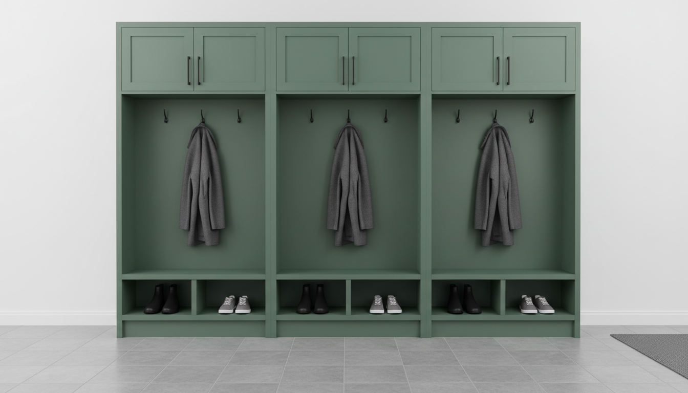 AI entryway design generator result: a run of three built in entryway locker bays in deep green painted cabinetry, each with cupboards at the top, an open coat bay with hooks and a hanging grey coat, and shoe cubbies at the bottom holding boots and canvas sneakers, on a grey tile floor. The colour held, which is worth noting because named colours in this series usually get substituted, and the run stands on a proper continuous plinth. Then the counts go. Two hooks per bay became three. One flat slab cupboard door per bay became two shaker doors. One shoe cubby per bay became two. And the seat, specified at eighteen inches, is simply gone: what should be a bench you sit on to pull boots off is a ten inch high shoe shelf you cannot sit on at all. The model drew the storage and dropped the only part of a locker with a verb attached to it.