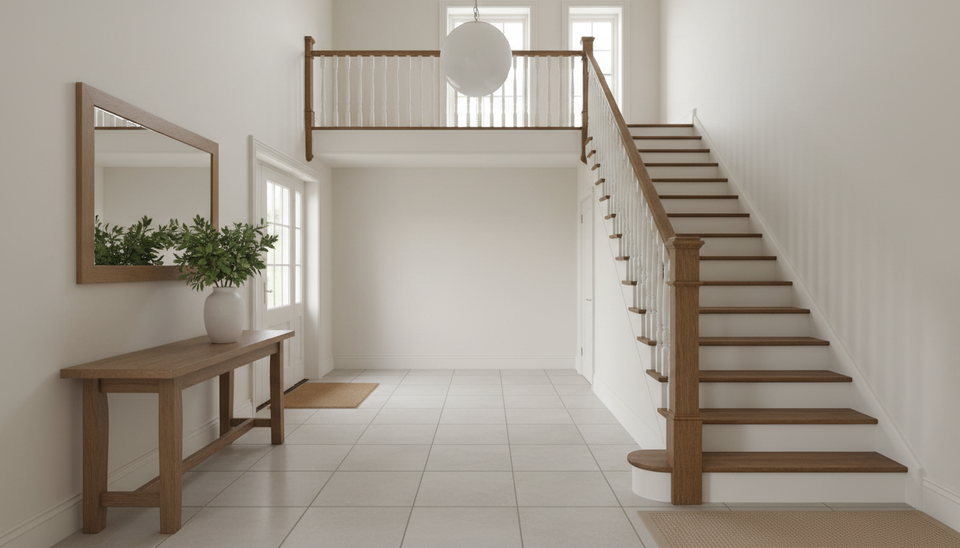 AI entryway design generator result: a double height foyer with a wide oak and white staircase rising along the right hand wall, a single globe pendant on the high ceiling, a long timber console under a framed mirror on the left, a gallery landing above and a pale stone tile floor. The most saleable image on the page and the one with the largest hole in it. Follow the flight up: it climbs left to right, and at the top it ends flat against blank plaster. There is no landing, no opening and no doorway at the head of the stair, and the gallery balustrade that is visible sits on the opposite side of the room, so the staircase does not reach the only upper floor in the picture. Twelve treads were asked for and about fifteen arrived, and the tall wall panelling in the prompt came back as flat plaster.
