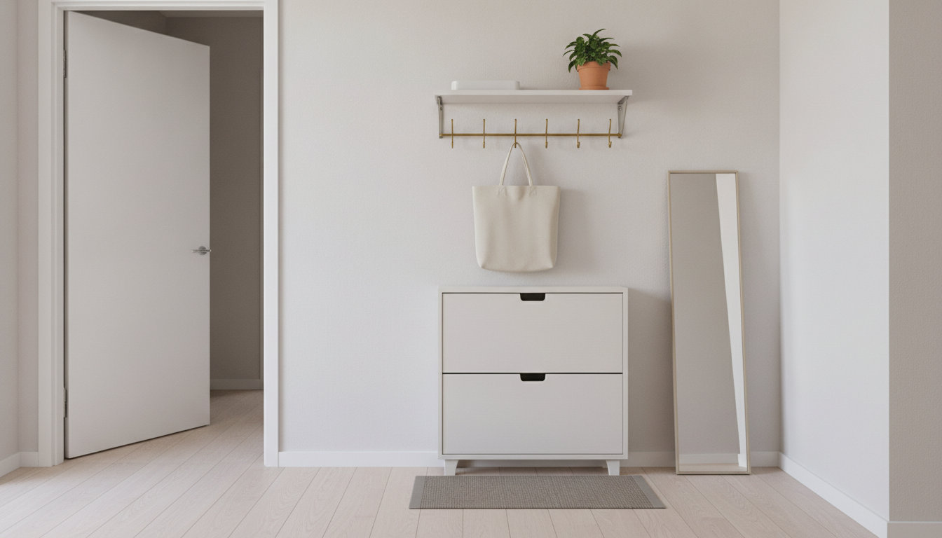 AI entryway design generator result: a small apartment drop zone with a white floating shelf holding a plain tray and a potted plant, a brass hook rail below it with one plain canvas tote hanging from it, a white two drawer tilt out shoe cabinet beneath and a slim full length mirror leaning in the corner, beside an open plain front door. The second frame where the shelf brackets are real and visible, which now makes two out of two on this page for a fixing that no earlier room in this series ever drew. Four hooks were asked for and six arrived. The cabinet was specified as eight inches deep on a plinth in full contact with the floor, and it came back roughly twice that depth on four little splayed legs with daylight underneath. And like the hallway, the wall asked to be four feet wide is not: this is a generous space pretending to be a tight one.