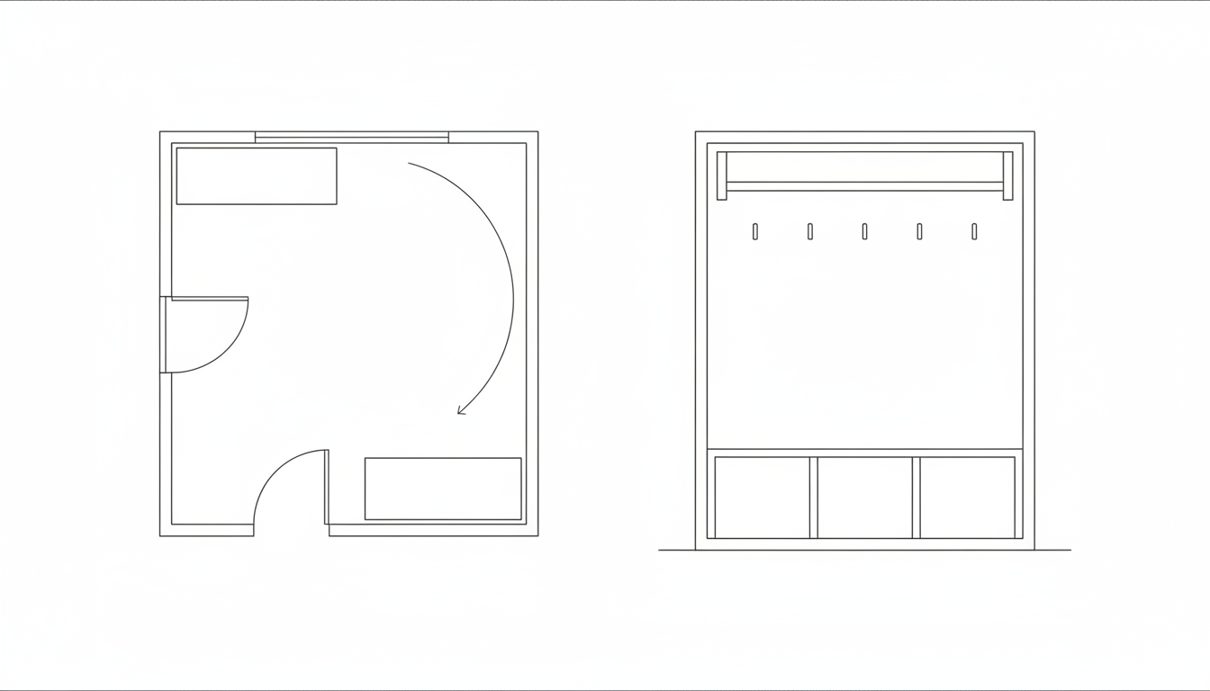 AI entryway design generator result: a black and white architectural line drawing with an entryway floor plan on the left showing door swings, a bench against one wall and a shoe cabinet against the other, and a flat bench and hook wall elevation on the right. The headline is a genuine first: after three consecutive pages in this series turned a requested open swing arc into a closed circle, every arc here stayed open. The plan then invents two extra doors the prompt never asked for, gives the largest arc an arrowhead in a drawing told to contain no arrows, and leaves that same arc with no door leaf, so the swing has no hinge. The shoe cabinet asked to be narrower than the bench is drawn the same width. The elevation is the best drawing on the page, with exactly five hook ticks and exactly three equal cubbies, though the hooks float with no rail to hang from and the ground line runs out past both side walls again.