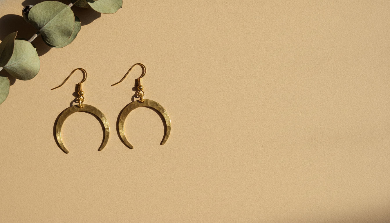 AI Etsy listing image generator result: a wide shop banner with the brass earrings lying flat in the left portion of a warm sand plaster surface, a dried eucalyptus sprig in the top left corner, and the entire right side left as clean empty plaster for a shop name to be typed in later. This is the frame that vindicates the whole approach. The negative space brief held completely: the right two thirds are unbroken warm plaster with no object, no stray shadow, no decorative flourish and, most importantly, not one invented letter. That matters because a banner is the one asset that is supposed to carry your shop name, and a model that renders text will hand you a beautifully lit misspelling of it. The earrings here are also back to the wide open crescent of the first photo, so the set finally has two frames that agree. Two caveats: the piece sits nearer the middle than the left third that was asked for, and this came out at sixteen by nine rather than the wide strip a shop banner needs, so plan on cropping.