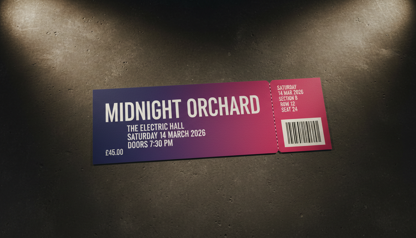 AI event ticket generator result: a modern concert ticket in indigo and magenta with a perforated tear-off stub listing section, row and seat